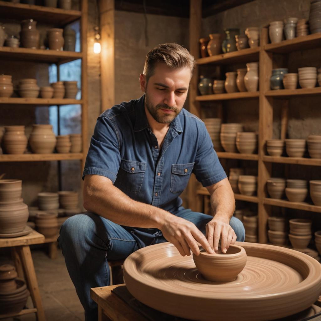 Artistic Man Shaping Clay in Rustic Pottery Studio