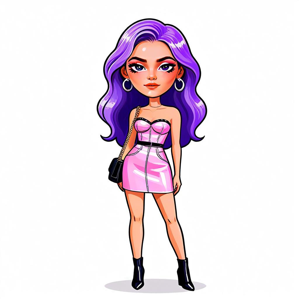 Edgy Woman with Purple Hair in Pink Strapless Dress Digital Illustration