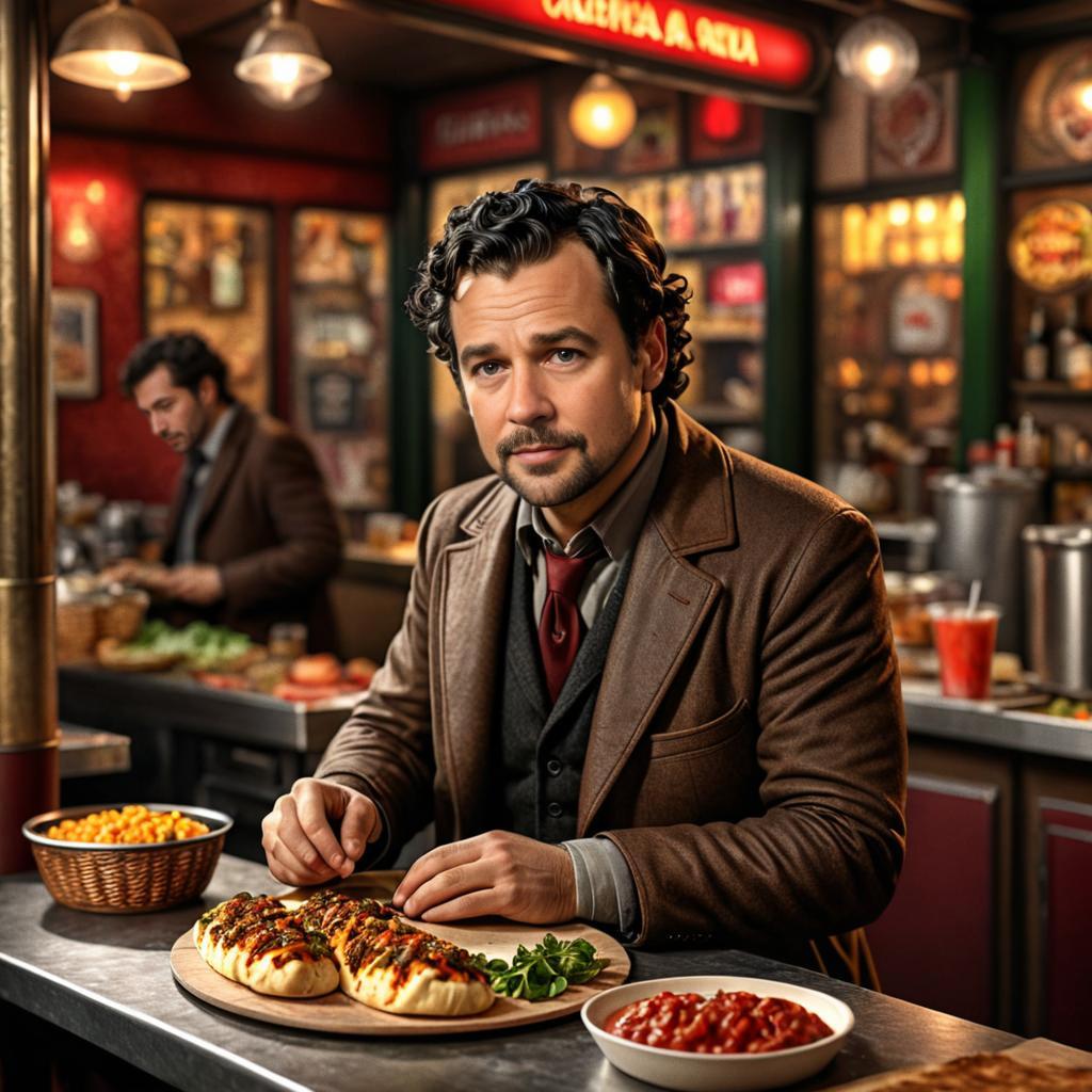 Stylish Man Preparing Street Food in Vibrant Restaurant