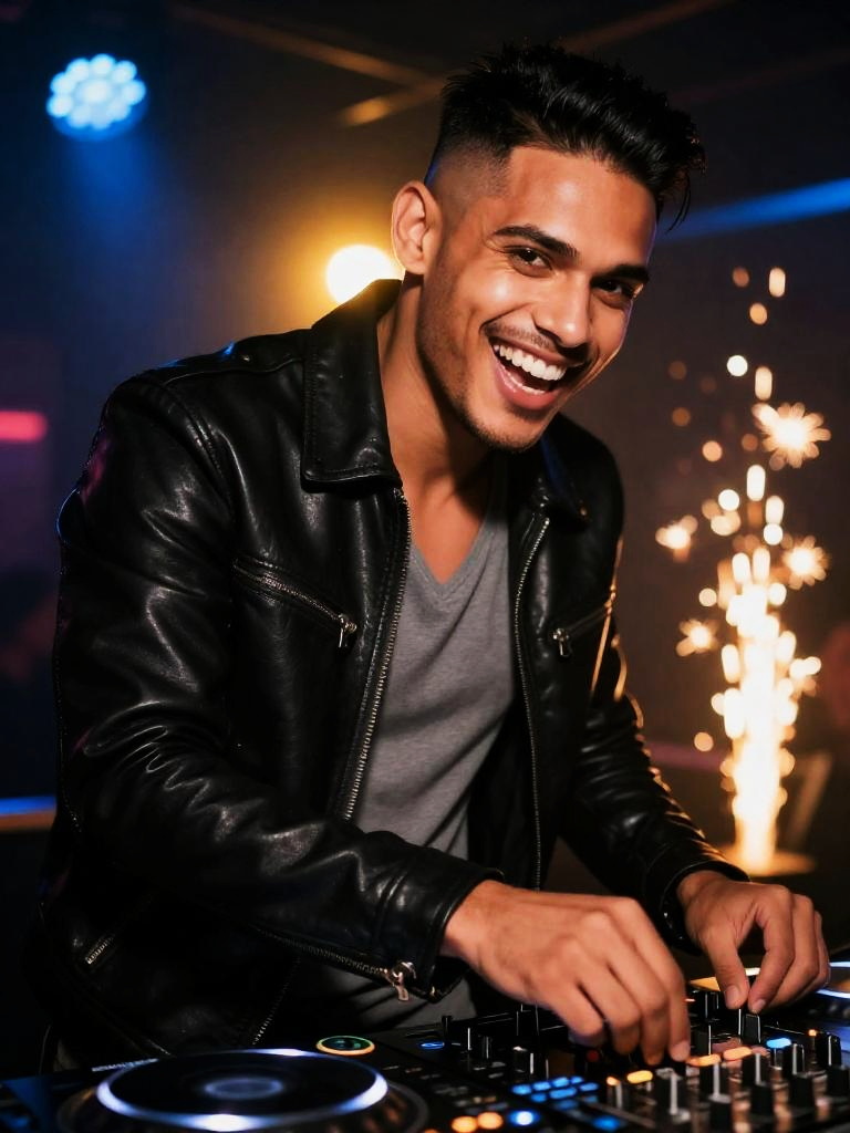 Smiling Young Man DJ Playing Music at Nightclub Party