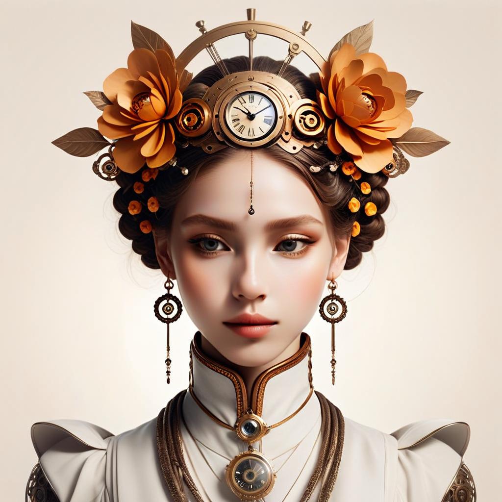 Elegant Steampunk Woman with Orange Flowers and Clockwork Headpiece Elegant Steampunk Woman with Orange Flowers and Clockwork Headpiece