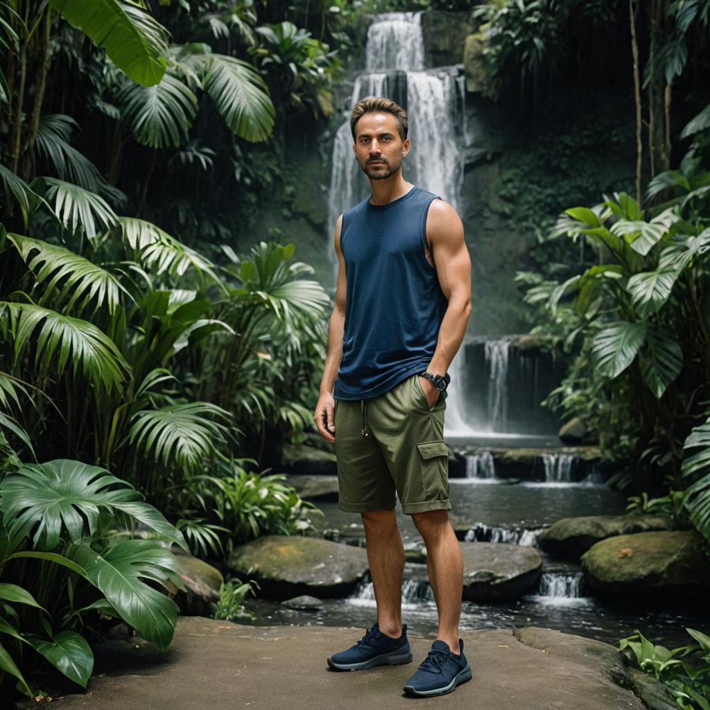 Man in Sleeveless Shirt by Tropical Waterfall