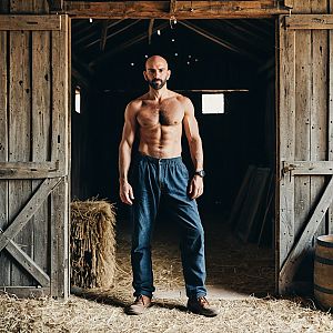 Muscular Man in Rustic Barn