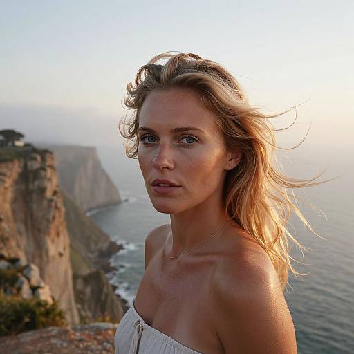 Blonde Woman on Cliff by Ocean at Sunset