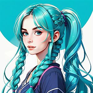 Young Woman with Turquoise Braids in Anime Style