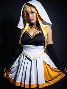 Realistic Cosplay Woman as Tier Harribel Character in White and Yellow Costume