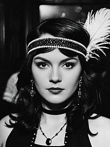 1920s Speakeasy Woman Close-Up Headshot with Feather Headband in Vintage Black and White