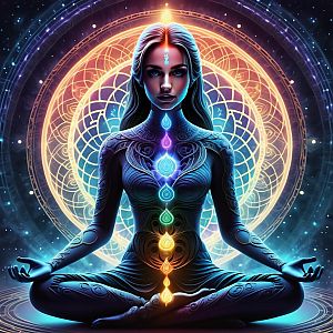 Meditative Woman Surrounded by Chakra Patterns