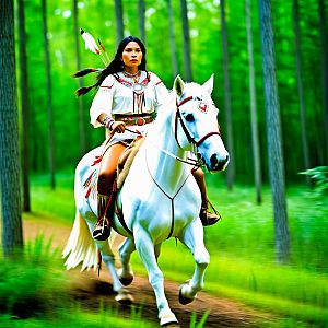 Native American Woman on White Horse in Forest