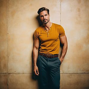 Confident man in mustard henley shirt against beige wall