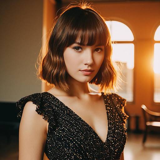 Elegant Woman in Sparkling Black Dress with Warm Sunset Lighting