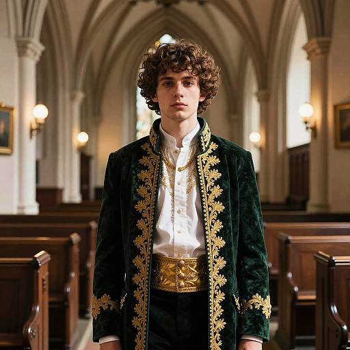 Young Man in Ornate Green Velvet Jacket with Gold Embroidery in Gothic Church