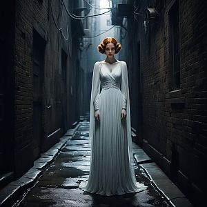 Woman with Red Hair in Elegant White Gown in Alley