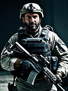 Man in Tactical Gear with Assault Rifle