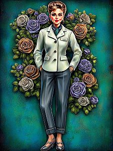 Confident Woman in Vintage Outfit with Blooming Roses