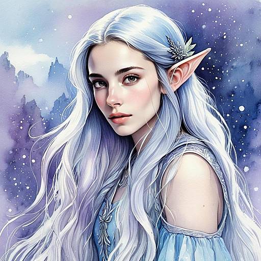 Ethereal Elven Woman Fantasy Digital Portrait with Silver Hair