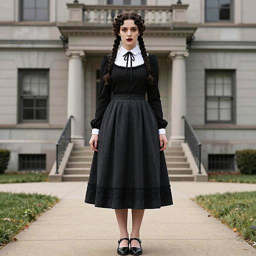 Gothic Vintage Woman in Black Dress with Braided Hair