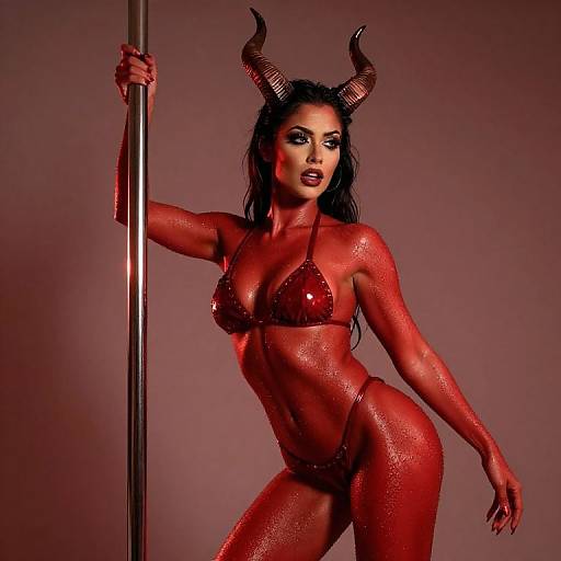 Woman in Red Devil Costume with Horns and Pole Dancing Pose