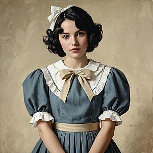 Vintage Portrait of Woman in Blue Dress with White Bow