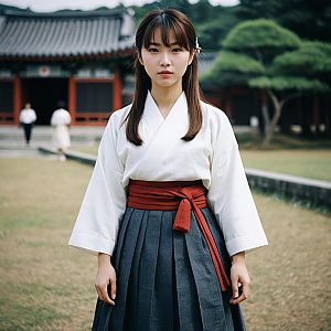 Young Woman in Traditional Korean Outfit in Peaceful Garden