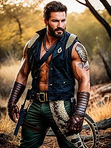 Man in Realistic Rattlesnake Jake Cosplay Costume in Outdoor Setting