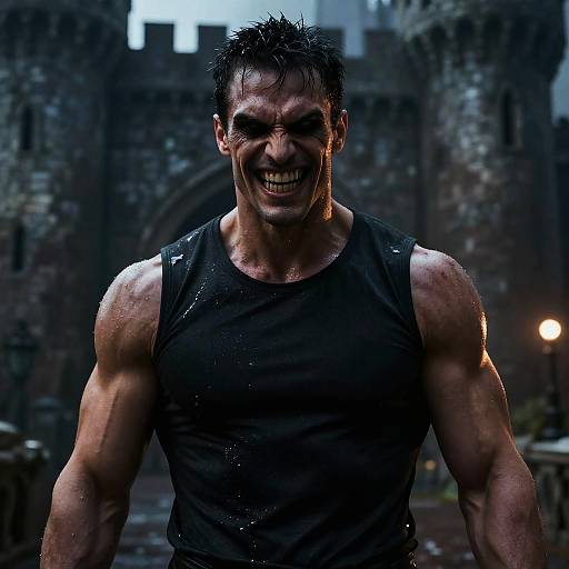 Intense Muscular Man with Fierce Expression in Dark Castle Setting