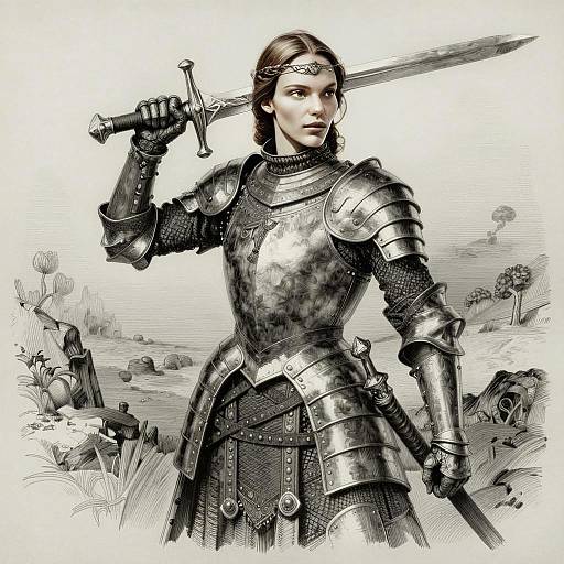 Medieval Woman Knight in Armor Holding Sword Illustration