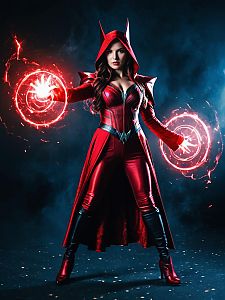 Woman in Scarlet Witch Costume Full Body Cosplay Photo with Glowing Magic Effects