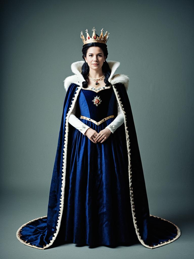 Woman in Queen Costume Full Body Cosplay Photo with Crown and Gown