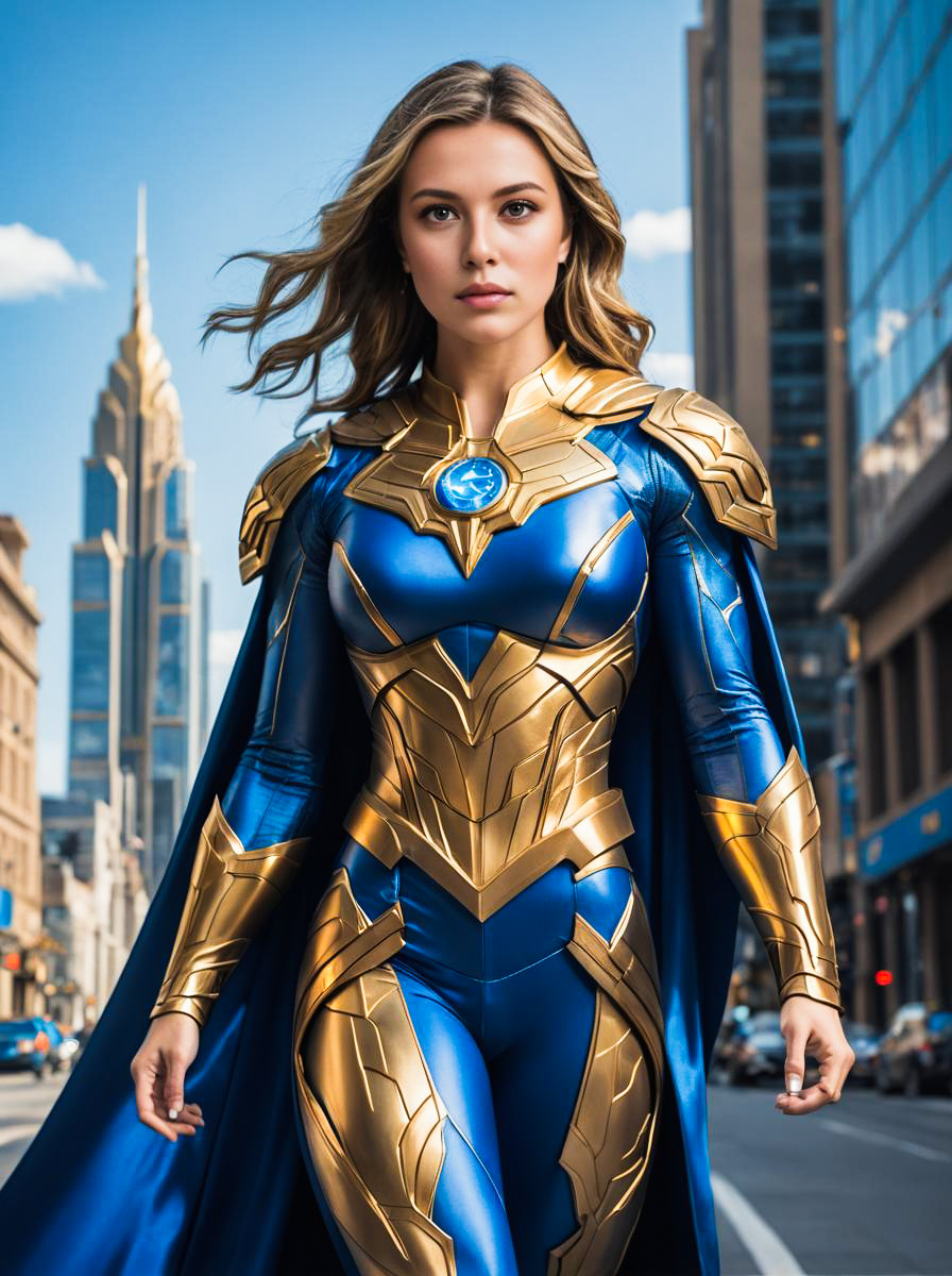 Woman in Blue and Gold Superhero Costume in Urban Setting