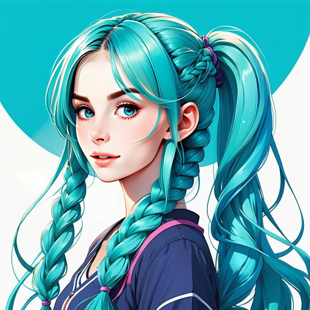 Young Woman with Turquoise Braids in Anime Style