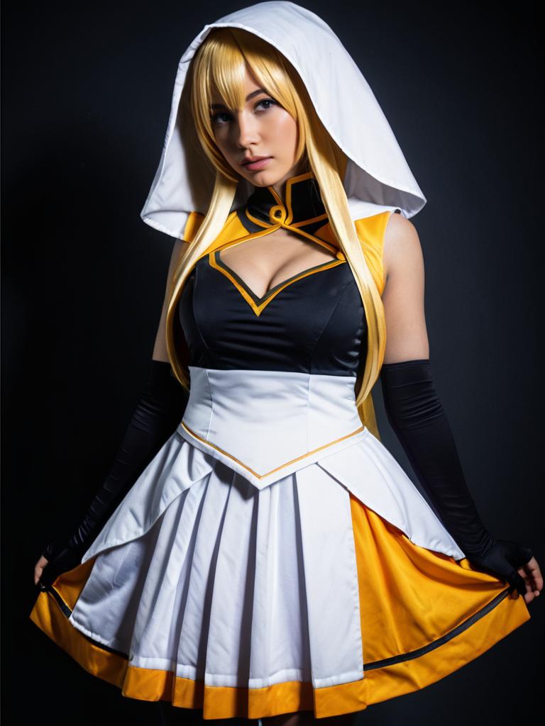 Realistic Cosplay Woman as Tier Harribel Character in White and Yellow Costume