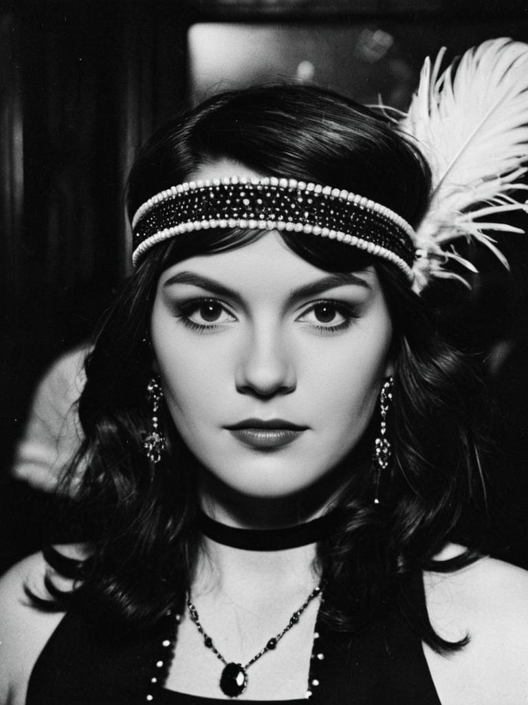 1920s Speakeasy Woman Close-Up Headshot with Feather Headband in Vintage Black and White 1920s Speakeasy Woman Close-Up Headshot with Feather Headband in Vintage Black and White