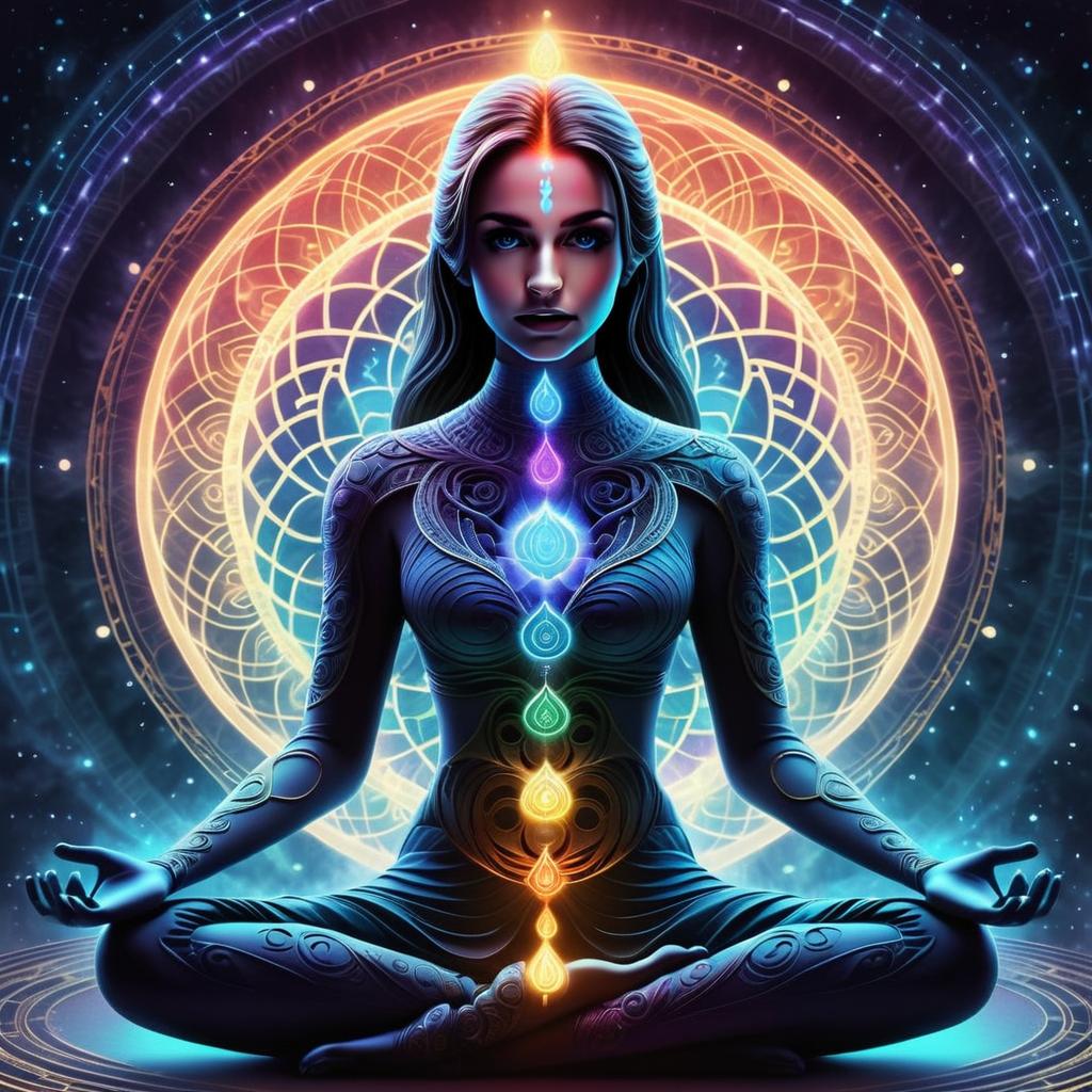 Meditative Woman Surrounded by Chakra Patterns