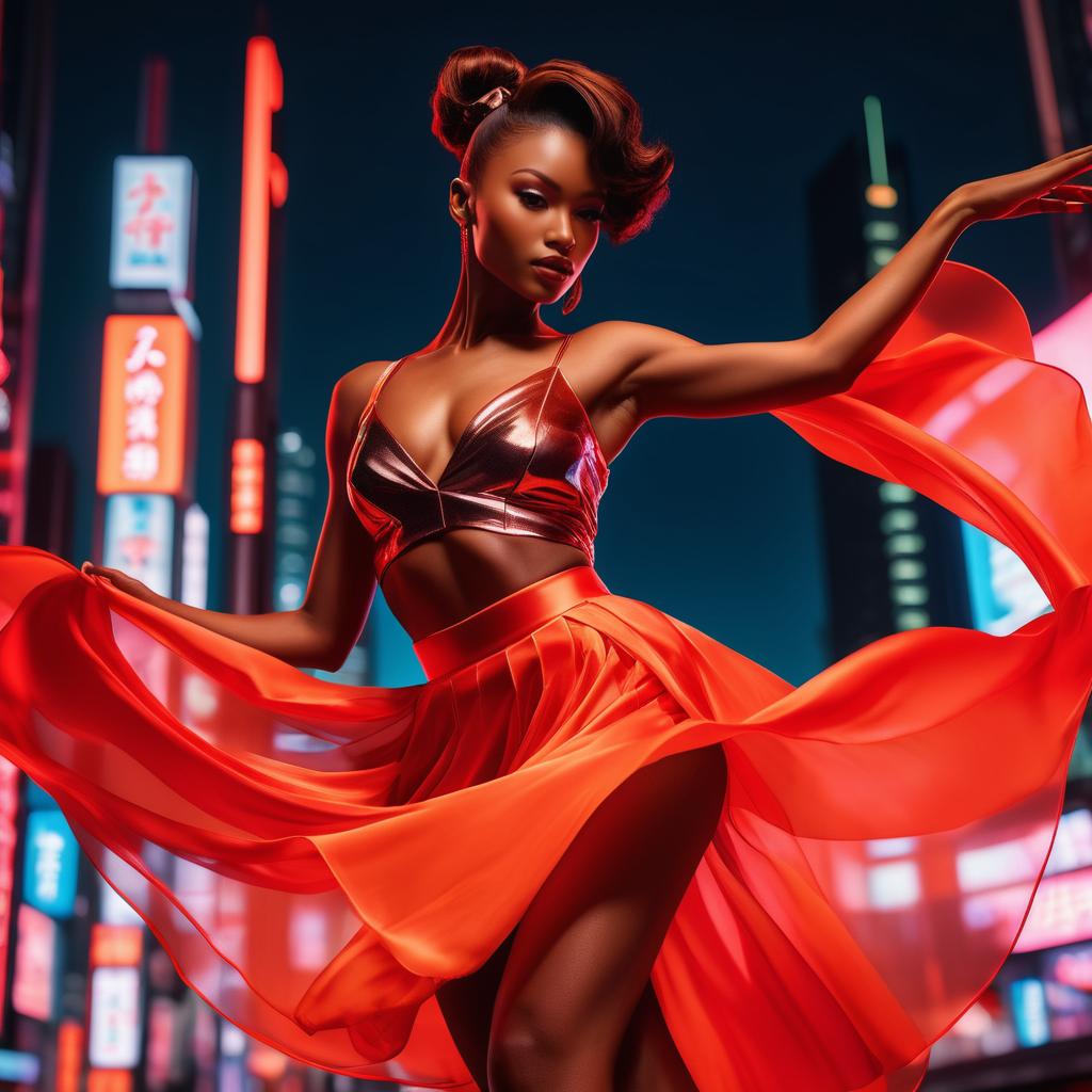 Stylish woman in red skirt dancing in neon city Stylish woman in red skirt dancing in neon city