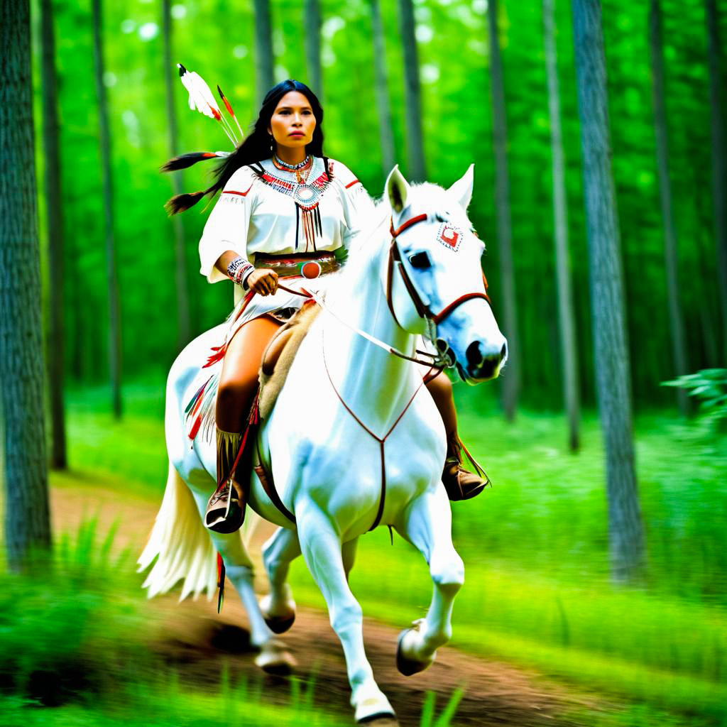 Native American Woman on White Horse in Forest Native American Woman on White Horse in Forest