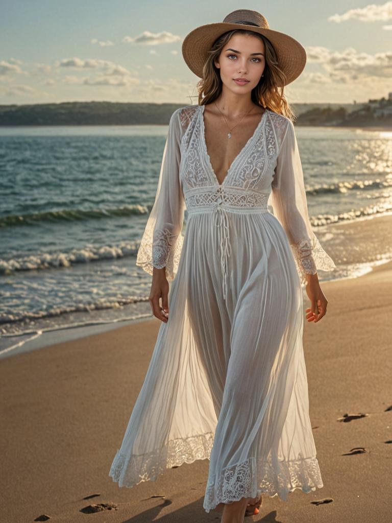 Woman in White Lace Dress at Sunset Beach