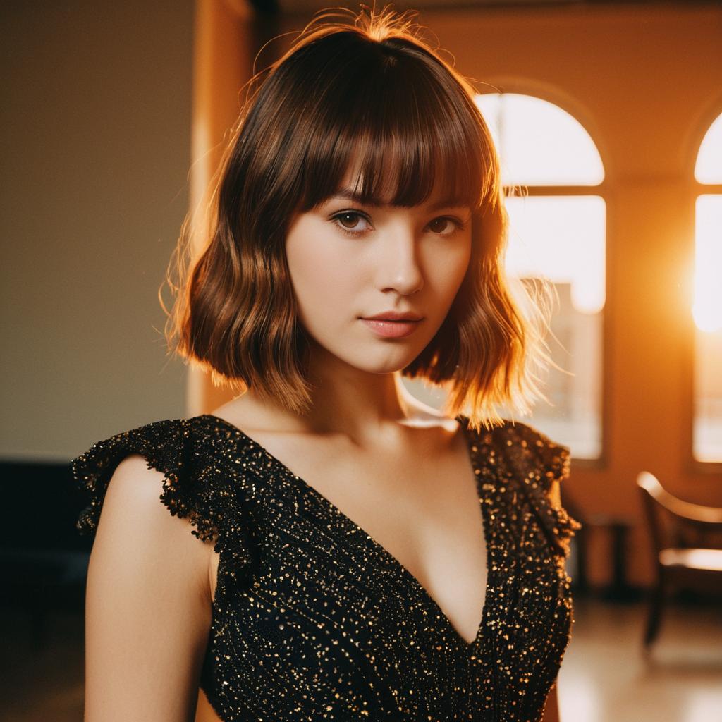 Elegant Woman in Sparkling Black Dress with Warm Sunset Lighting