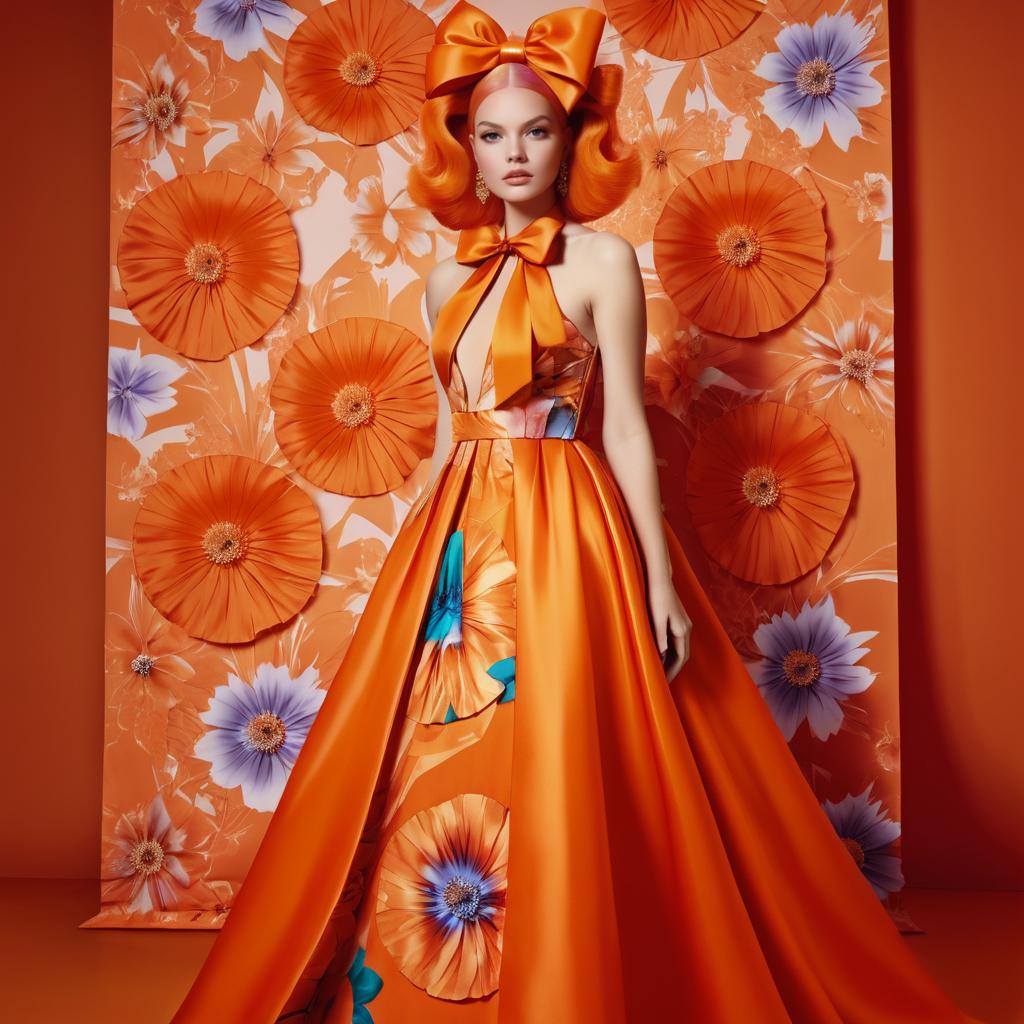 Elegant Model in Orange Gown with Floral Patterns