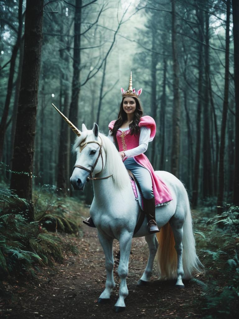 Woman in Princess Costume Riding White Unicorn in Enchanted Forest