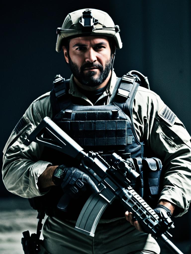 Man in Tactical Gear with Assault Rifle