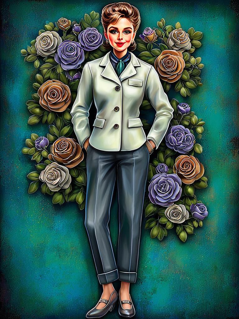 Confident Woman in Vintage Outfit with Blooming Roses Confident Woman in Vintage Outfit with Blooming Roses