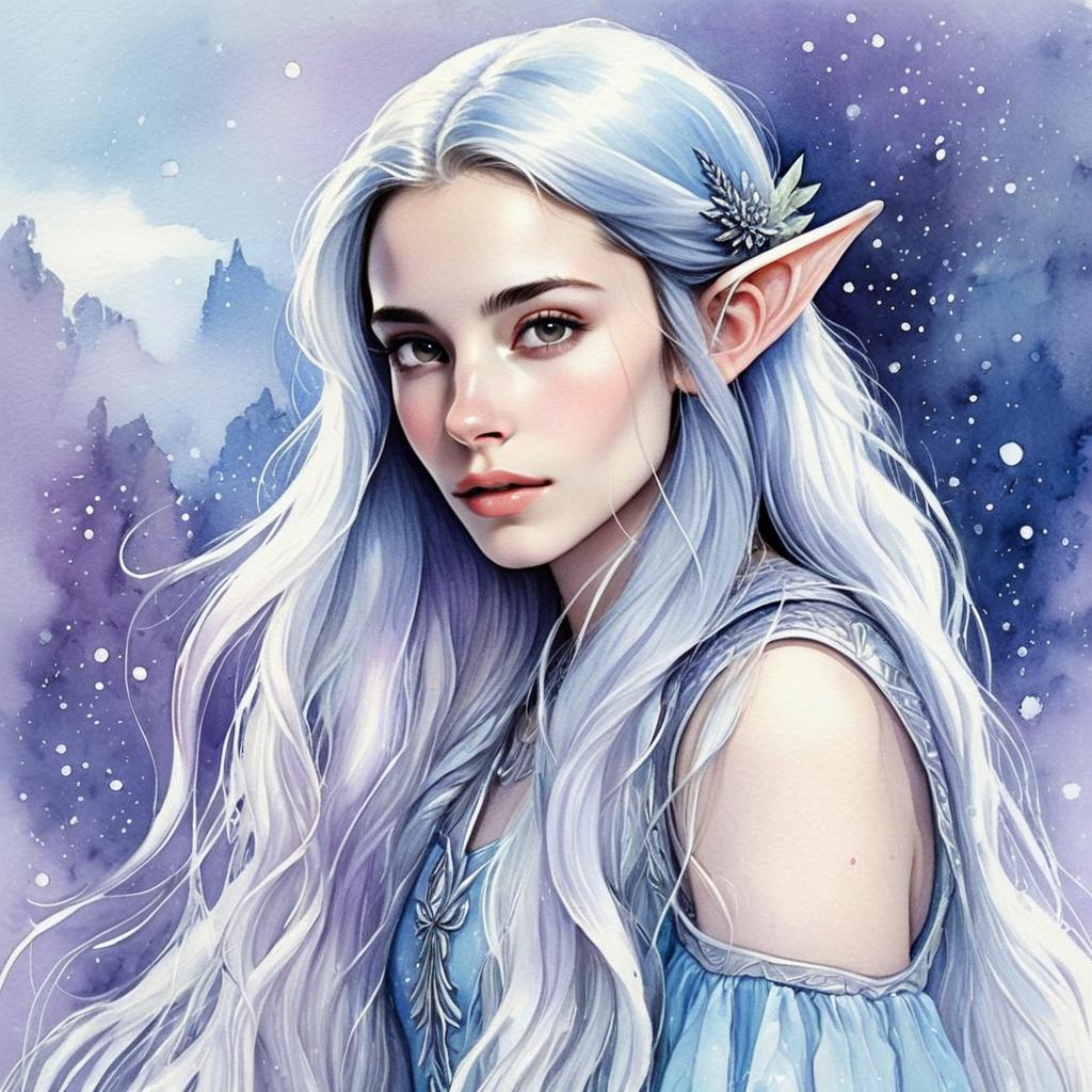 Ethereal Elven Woman Fantasy Digital Portrait with Silver Hair