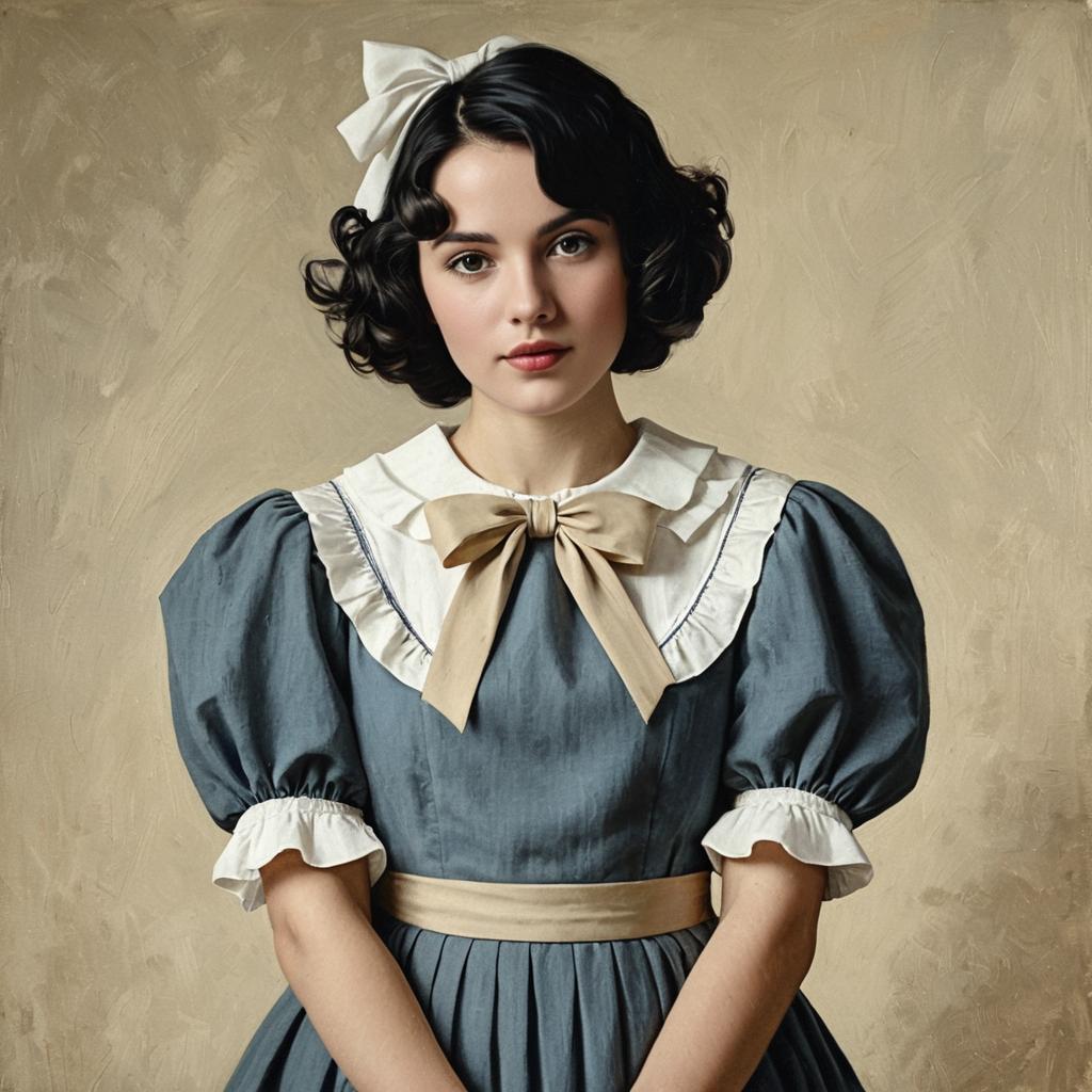 Vintage Portrait of Woman in Blue Dress with White Bow