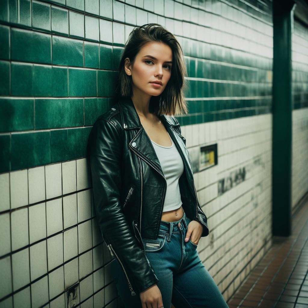 Young Woman in Black Leather Jacket with Urban Street Style in Green Tiled Corridor