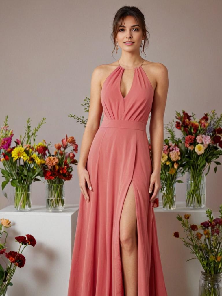 Woman in Coral-Pink Dress with High Slit