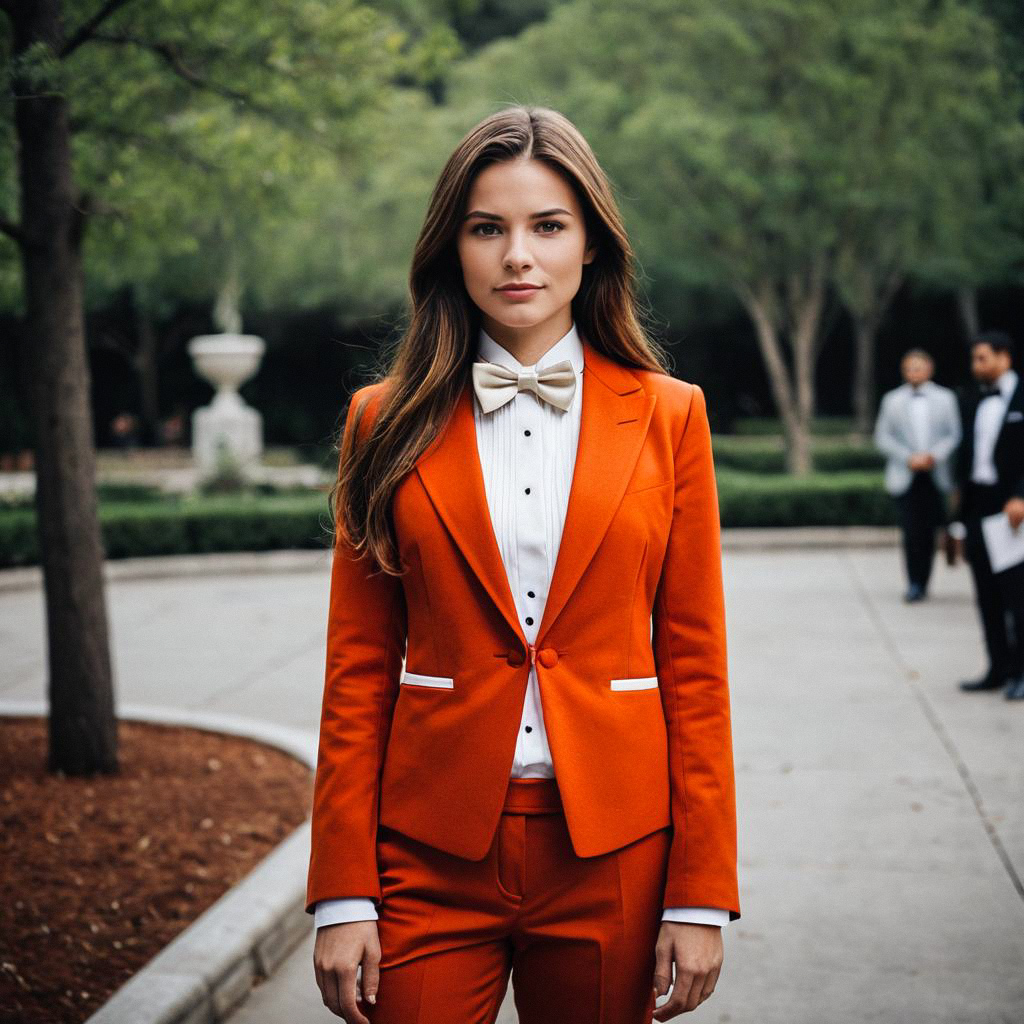 Confident Woman in Orange Tuxedo Outdoors Confident Woman in Orange Tuxedo Outdoors