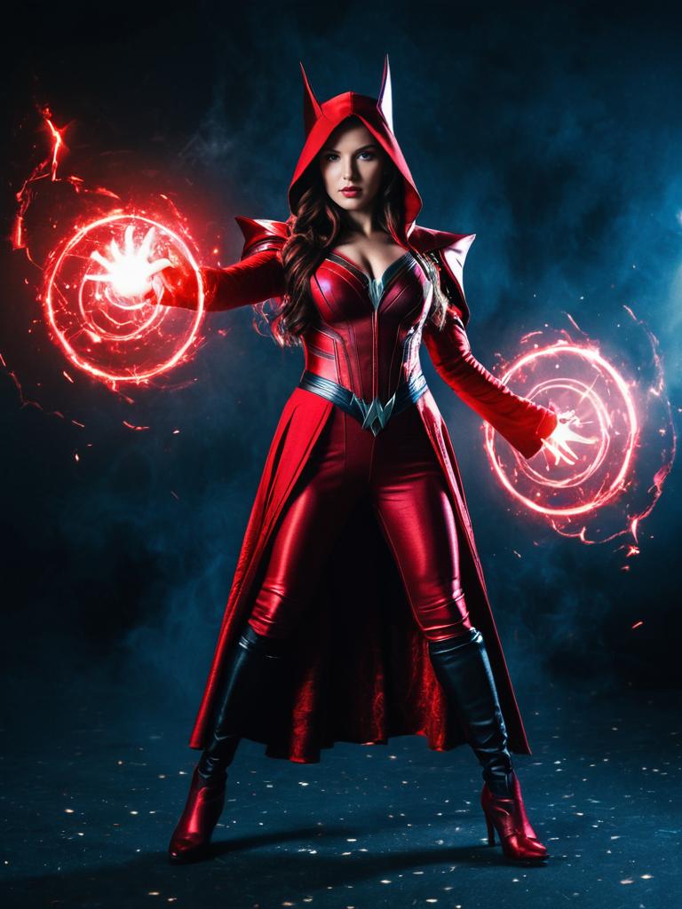 Woman in Scarlet Witch Costume Full Body Cosplay Photo with Glowing Magic Effects