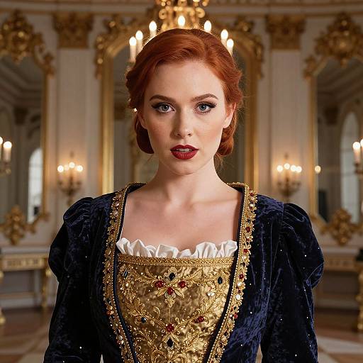 Red Haired Woman in Embellished Renaissance Gown in Opulent Ballroom