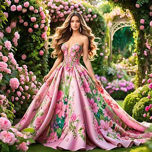 Elegant Woman in Floral Gown in Garden